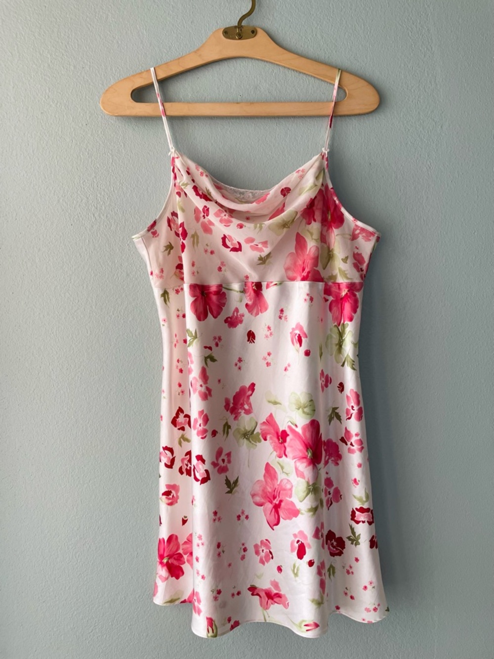 delicates Pink and Green Floral Satin Slip Chemise - Picture 1 of 12